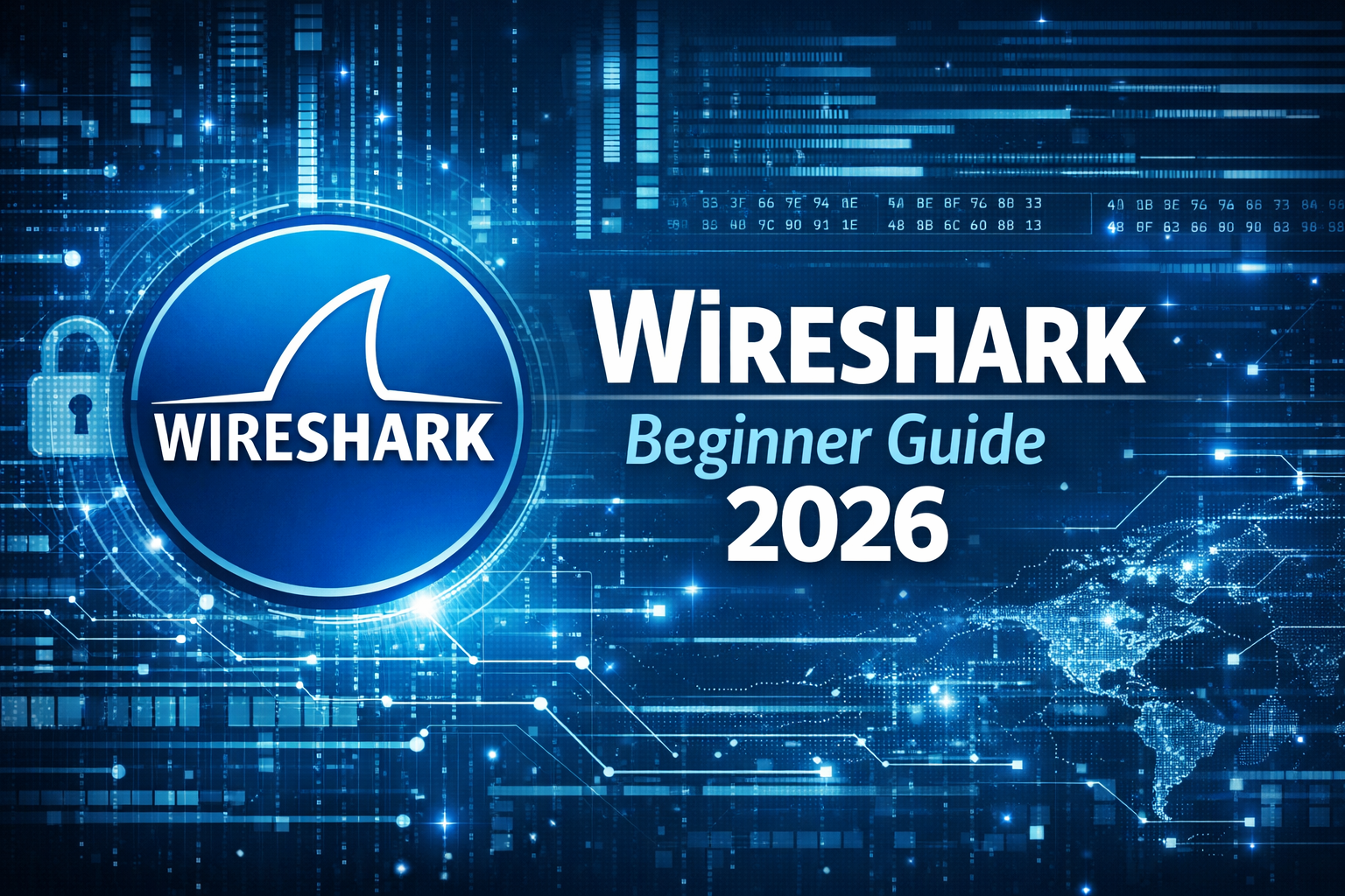 Wireshark beginner guide 2026 showing network packet analysis and cybersecurity concept