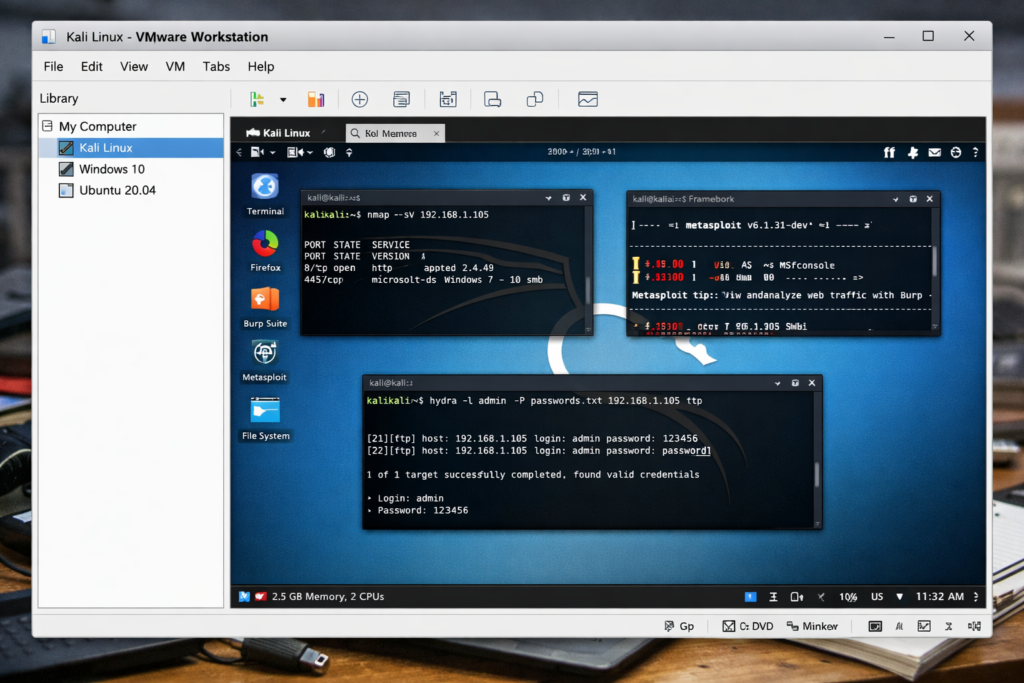 Kali Linux running in VMware workstation with penetration testing tools