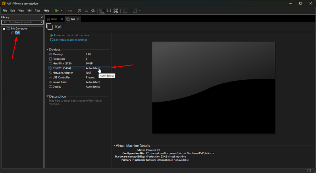 VMware workstation settings for installing Kali Linux virtual machine