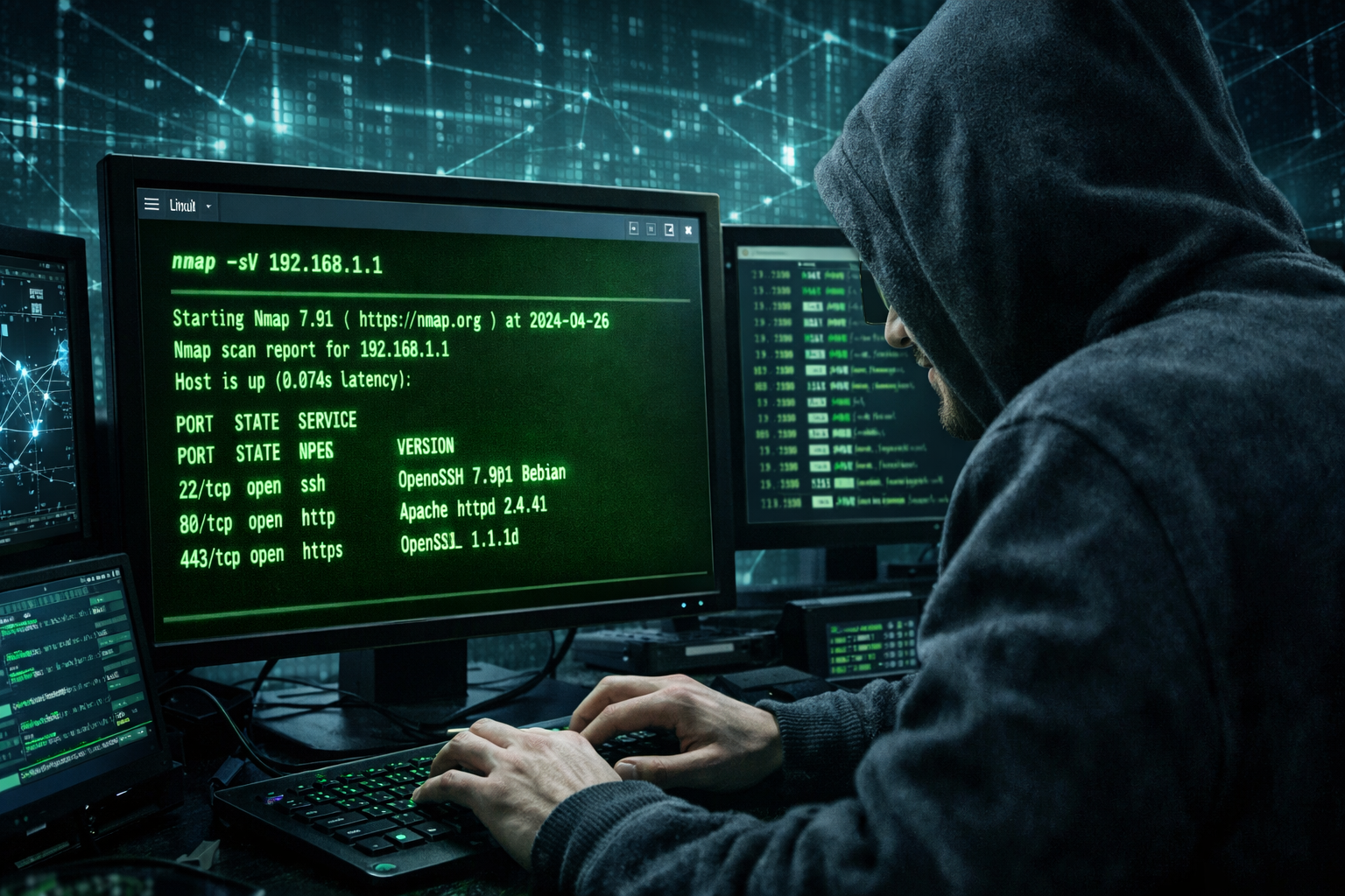 Nmap network scanning tool showing open ports and services in terminal