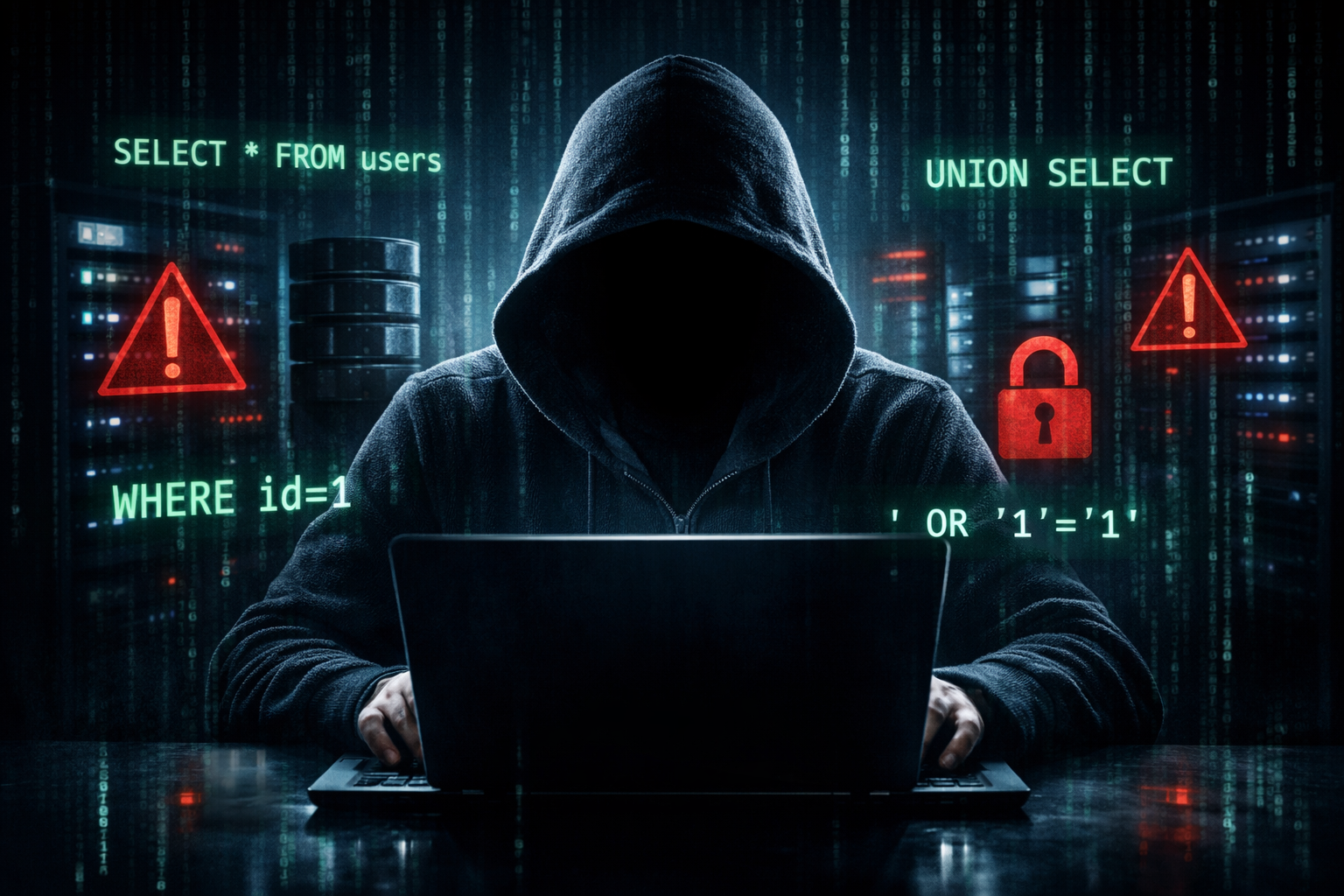 SQL Injection attack database ko target karta hua illustration