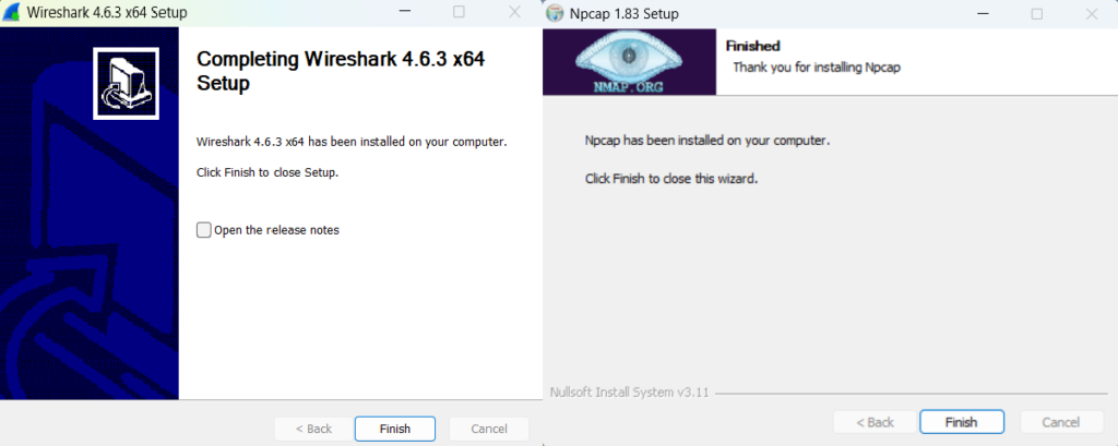 Wireshark installation completed successfully on Windows