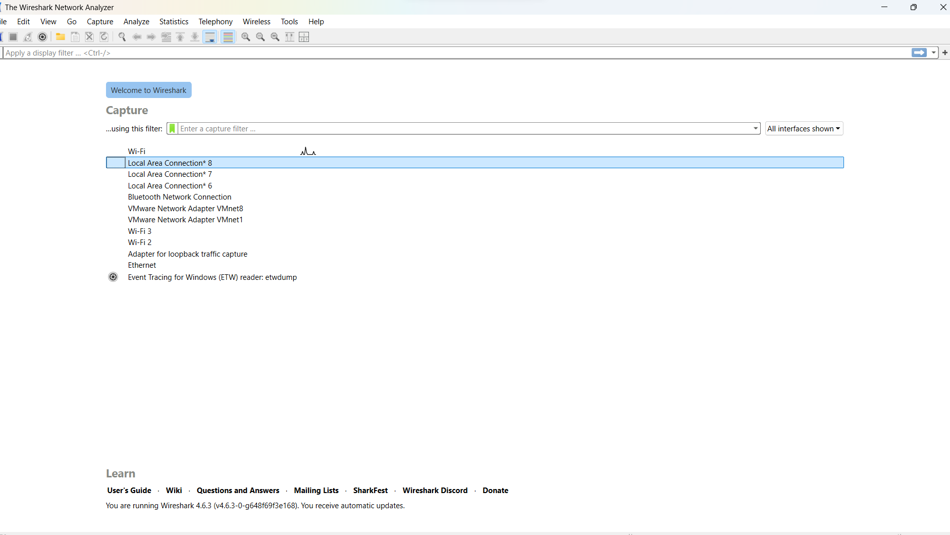 Wireshark main dashboard showing network interfaces like Wi-Fi and Ethernet