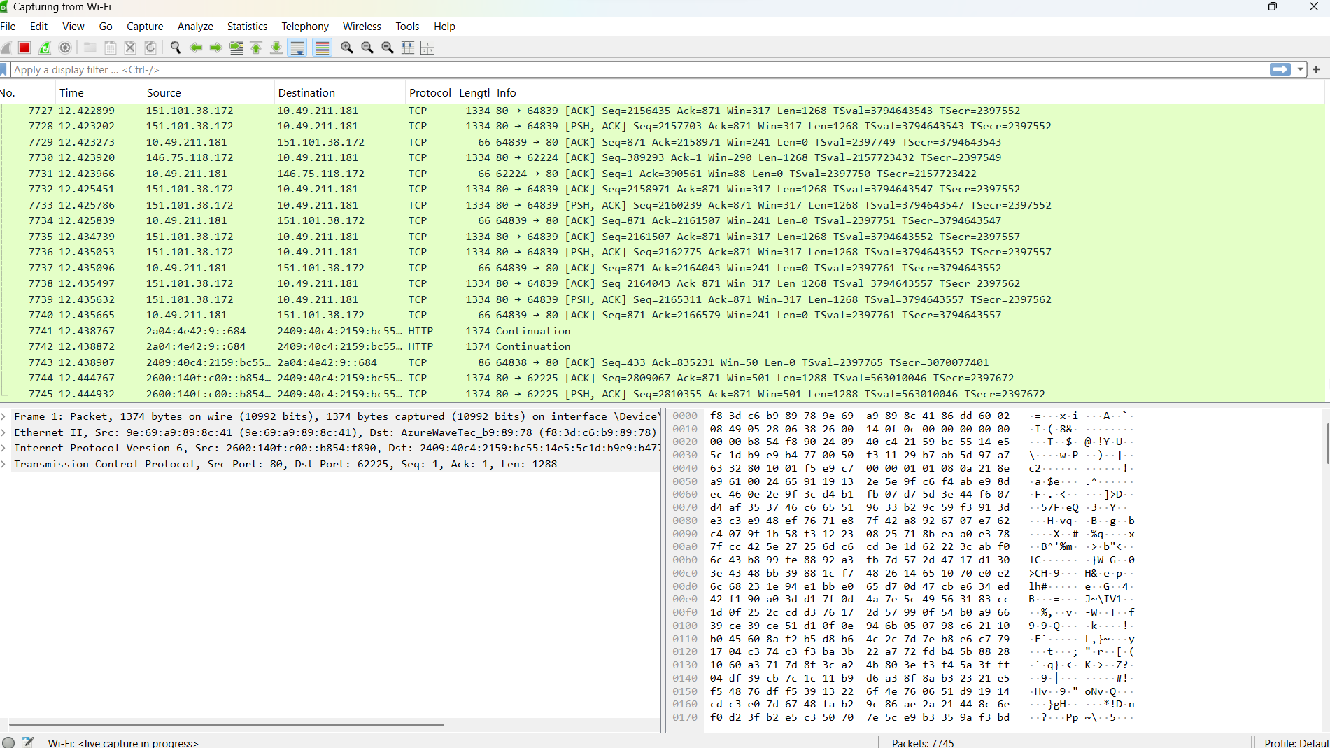 Wireshark live packet capture showing TCP and HTTP traffic