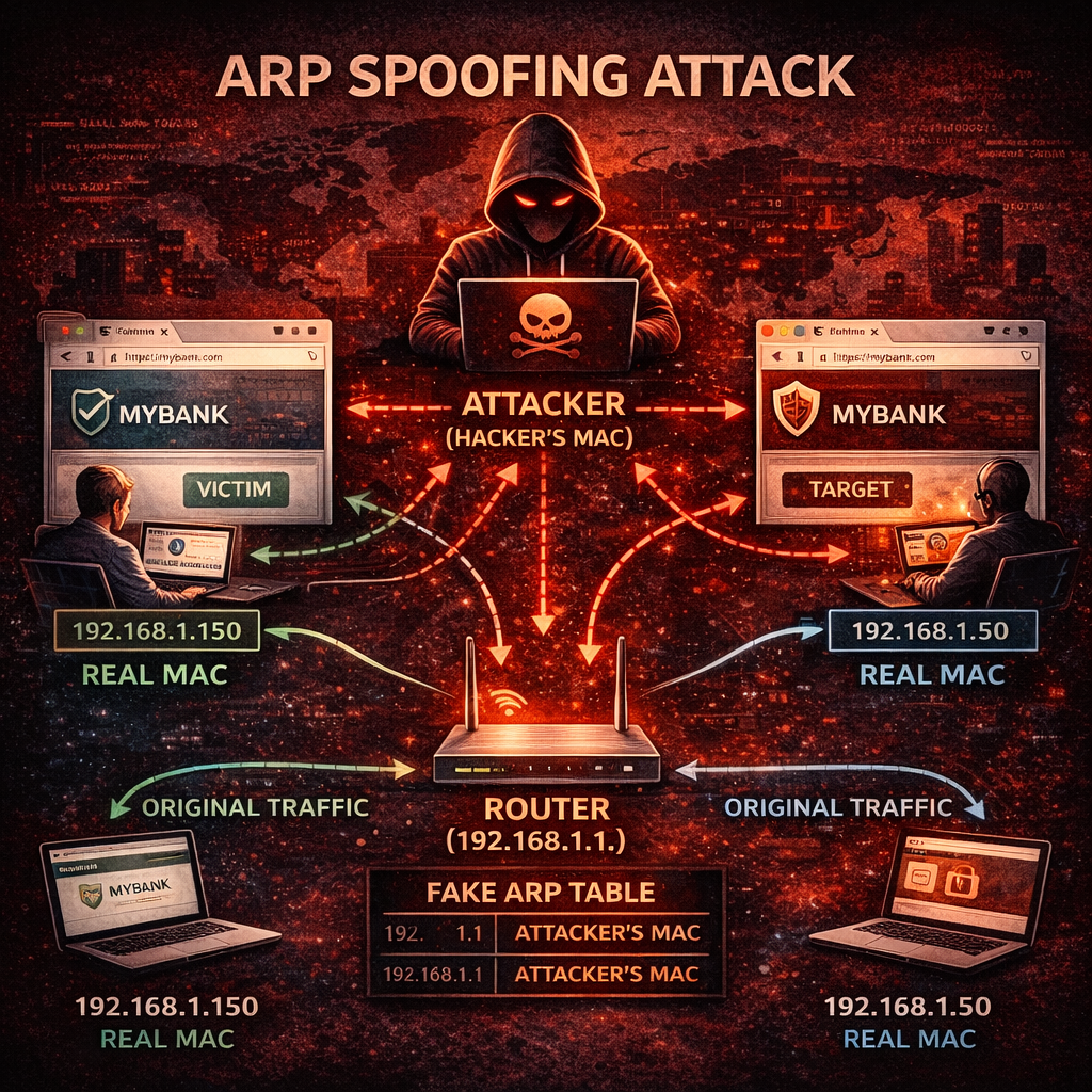 ARP spoofing attack diagram jisme attacker fake ARP messages bhejkar network traffic intercept karta hai