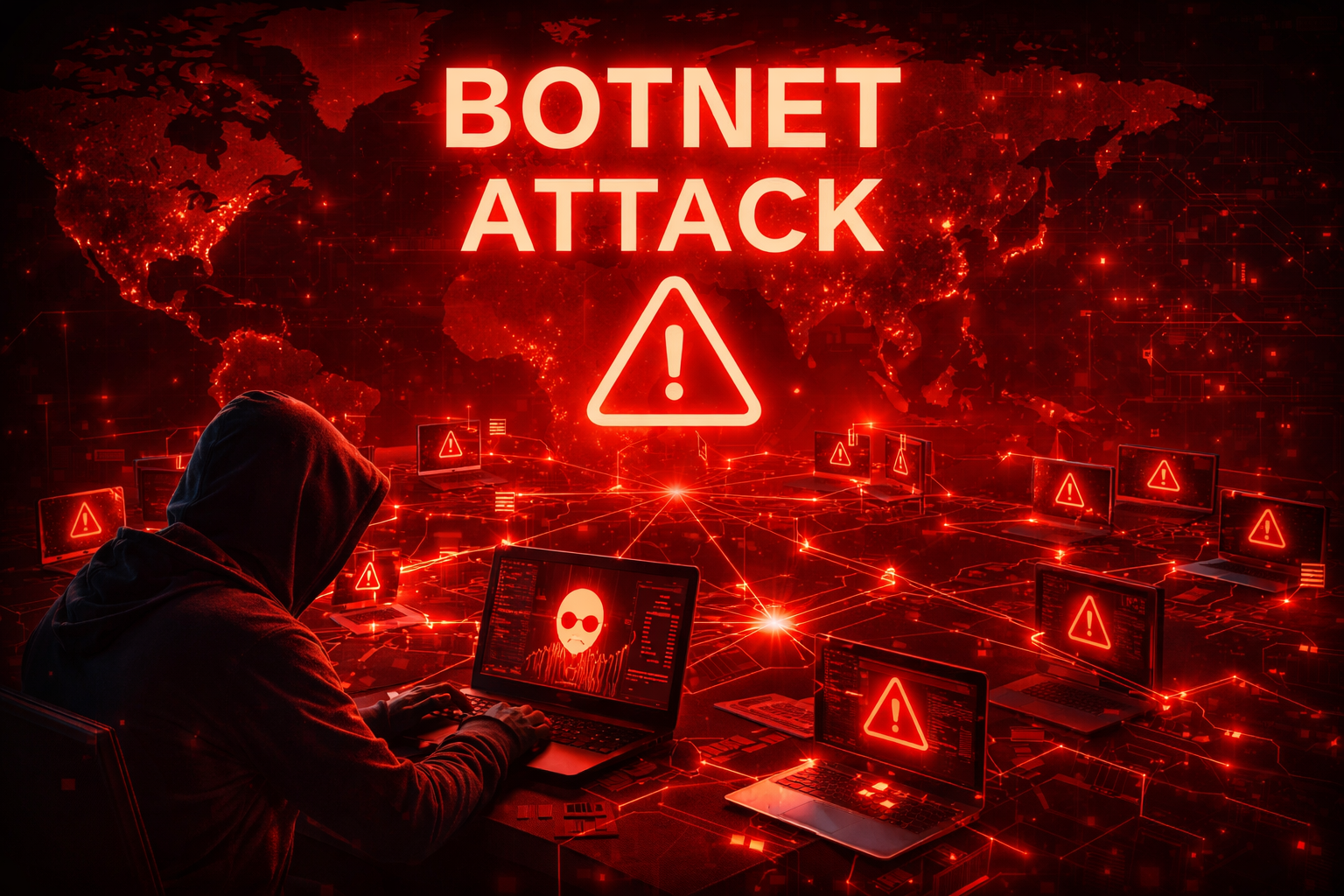 Botnet attack me hacker multiple infected devices ko control karke network par cyber attack kar raha hai