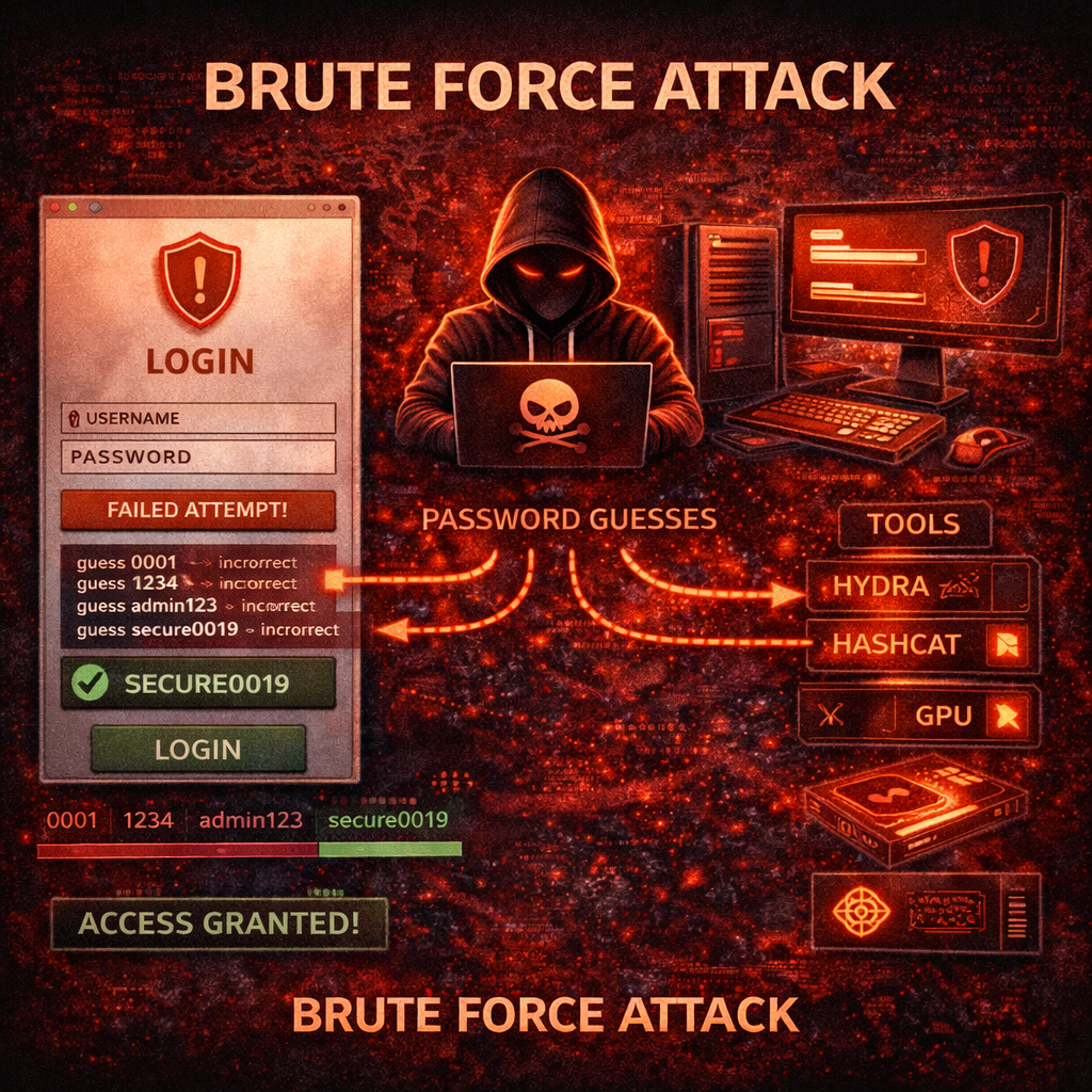 Brute force attack diagram jisme hacker automated tools se password guess karne ki koshish karta hai