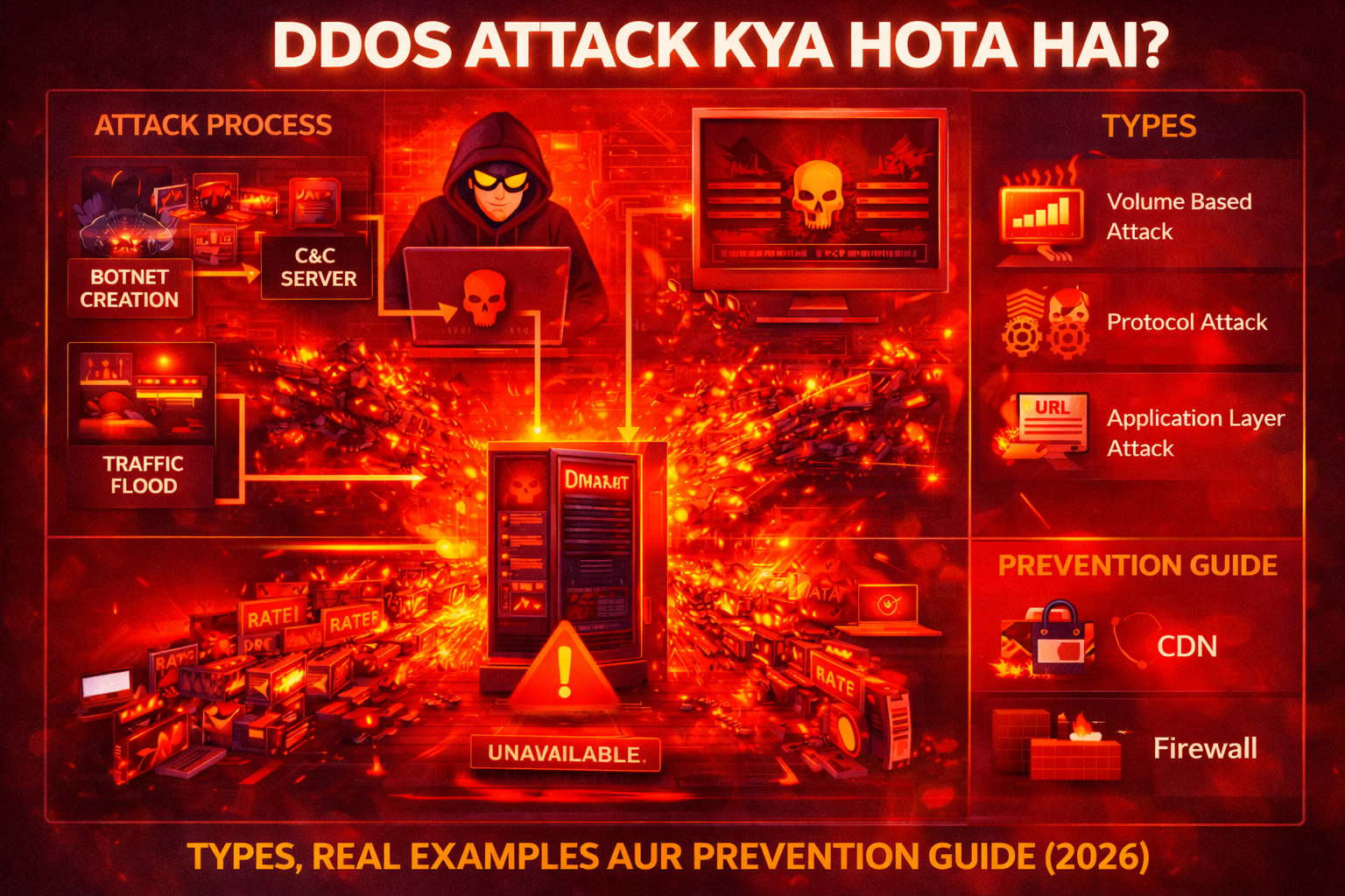DDoS Attack kya hota hai diagram jisme botnet traffic server ko overload karta hua dikhaya gaya hai