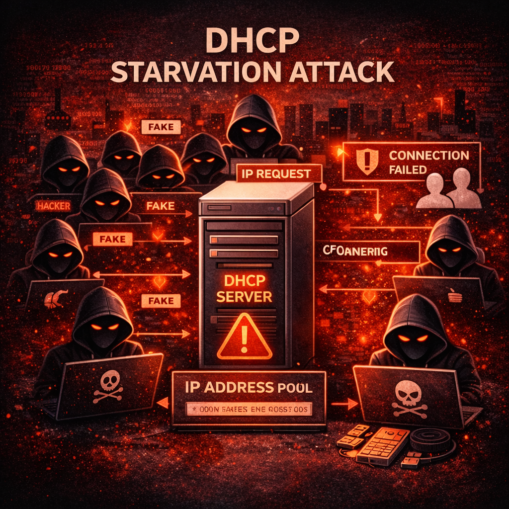 DHCP starvation attack diagram jisme attacker fake DHCP requests bhejkar IP address pool khatam karta hai