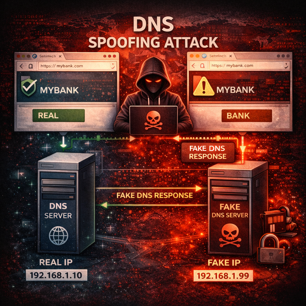 DNS spoofing attack diagram jisme hacker fake DNS response bhejkar user ko fake website par redirect karta hai