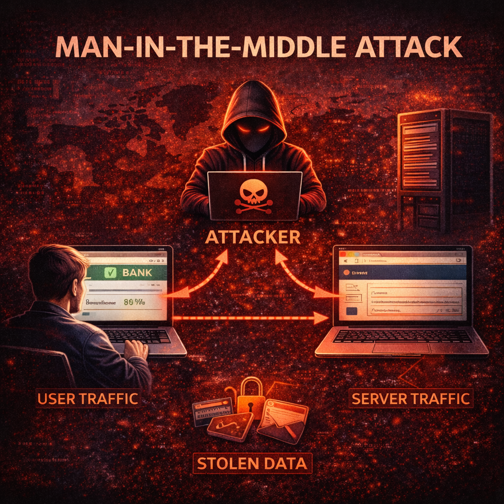MITM attack diagram jisme attacker user aur server ke beech communication intercept karta hai