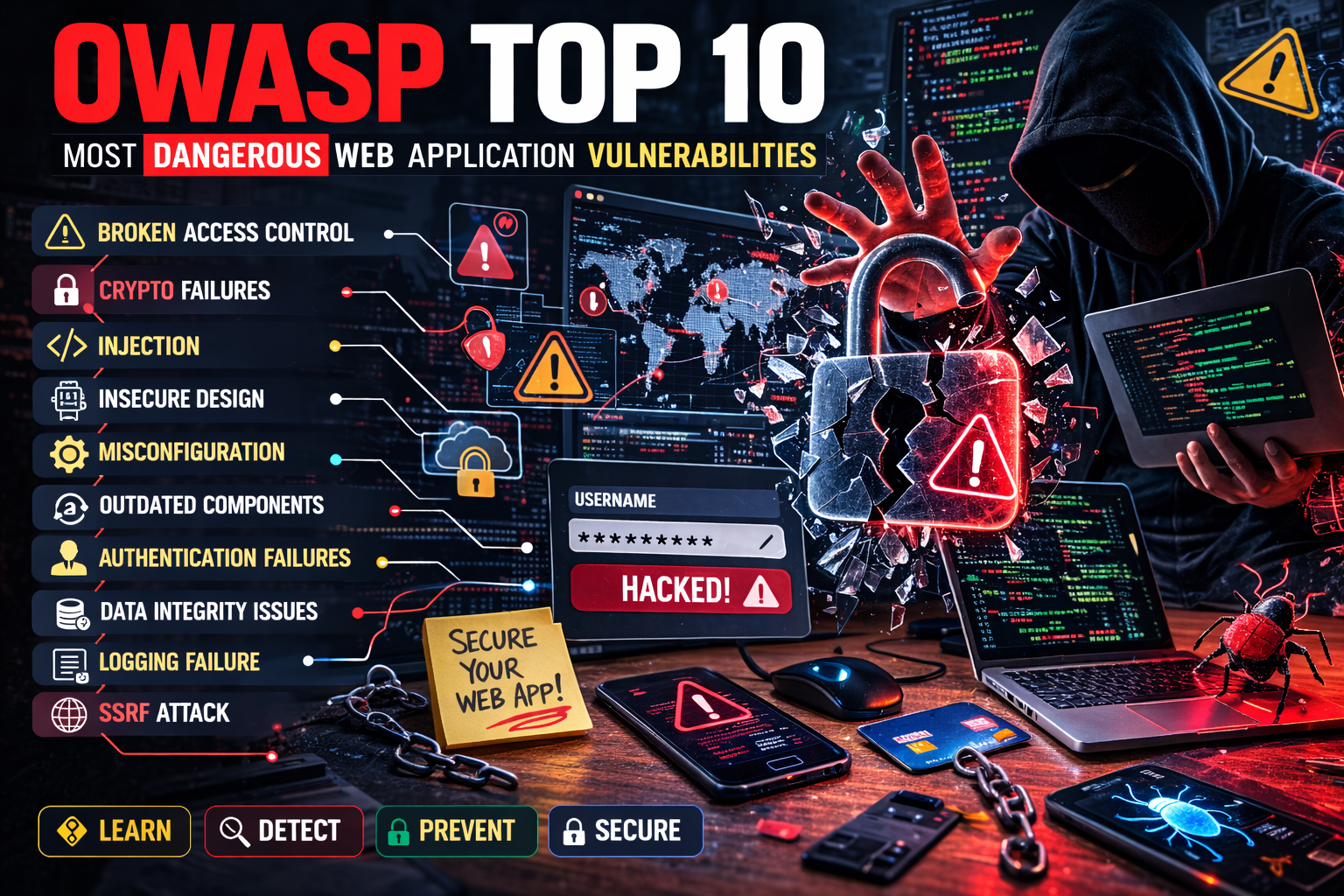 OWASP Top 10 web application security vulnerabilities diagram showing major cyber security risks