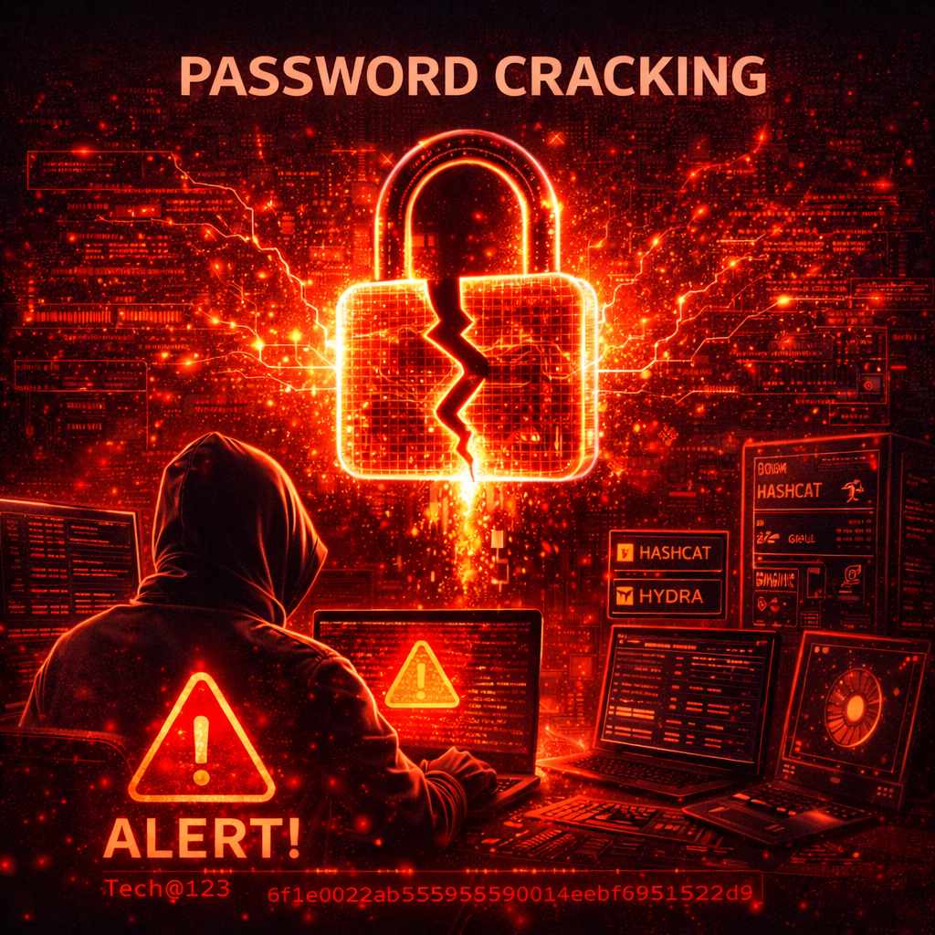 Password cracking attack diagram jisme hacker digital lock ko crack karne ki koshish kar raha hai