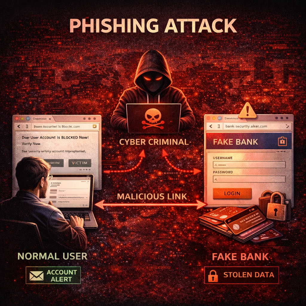 Phishing attack diagram jisme hacker fake email aur fake website ke through user ka data chura raha hai
