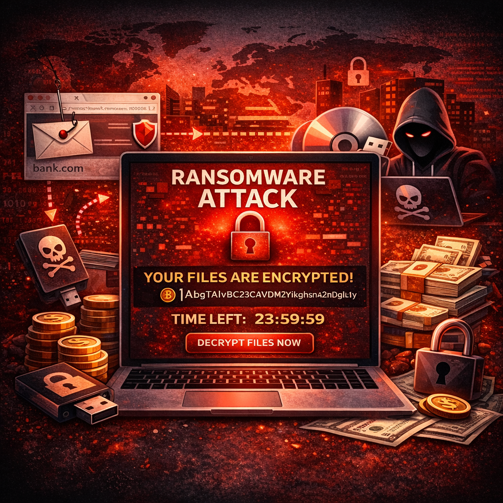 Ransomware attack diagram jisme files encrypt hone aur hacker ransom demand karte hue dikhaya gaya hai