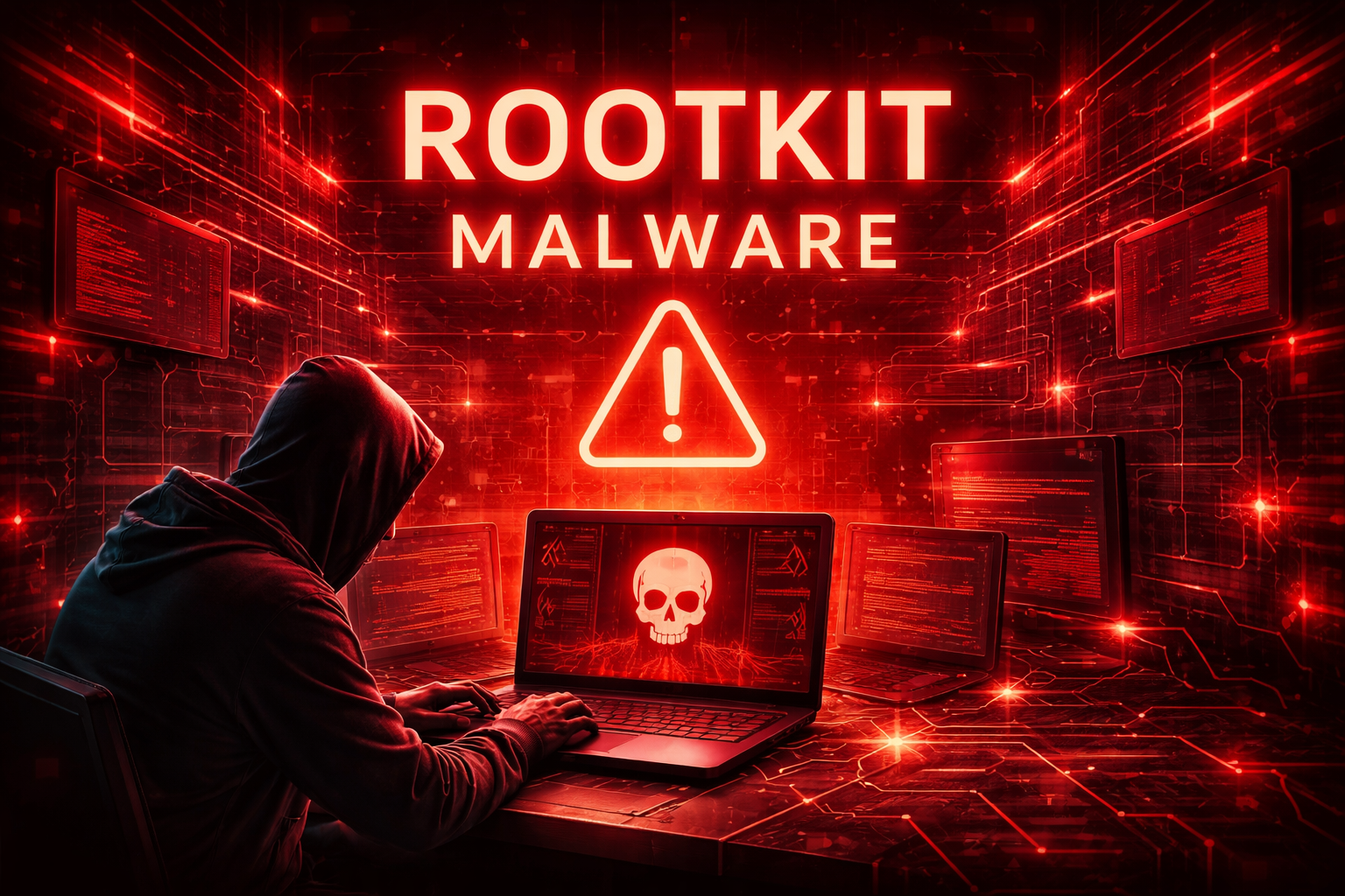 Rootkit malware cyber attack ko show karta hua hacker system access le raha hai