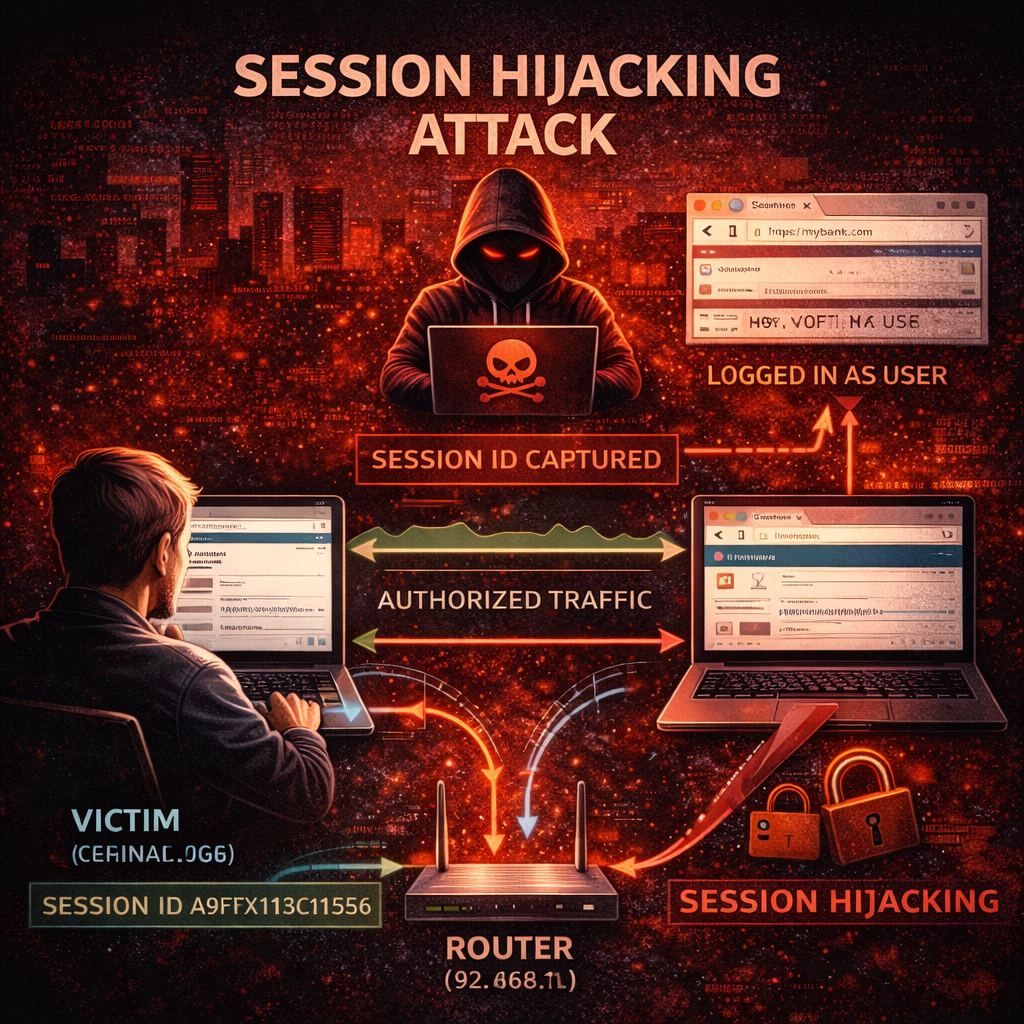 Session hijacking attack diagram jisme attacker session ID steal karke user account access karta hai