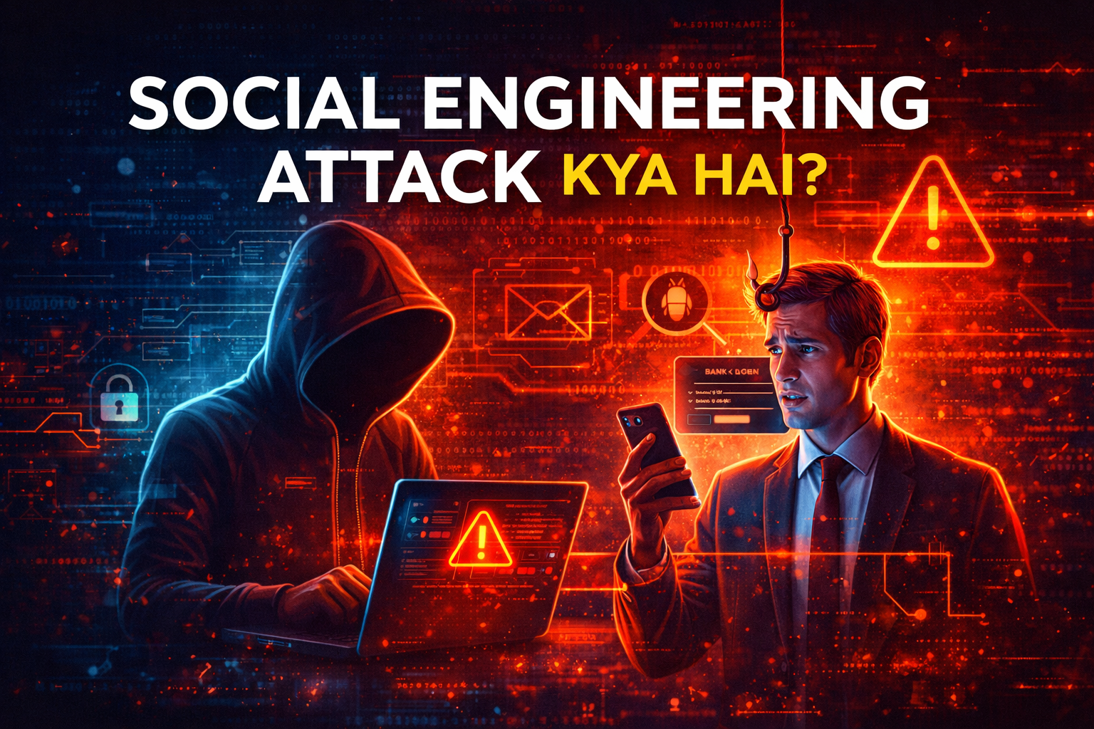 social engineering attack hacker insaan ko manipulate karta hua phishing aur cyber fraud illustration