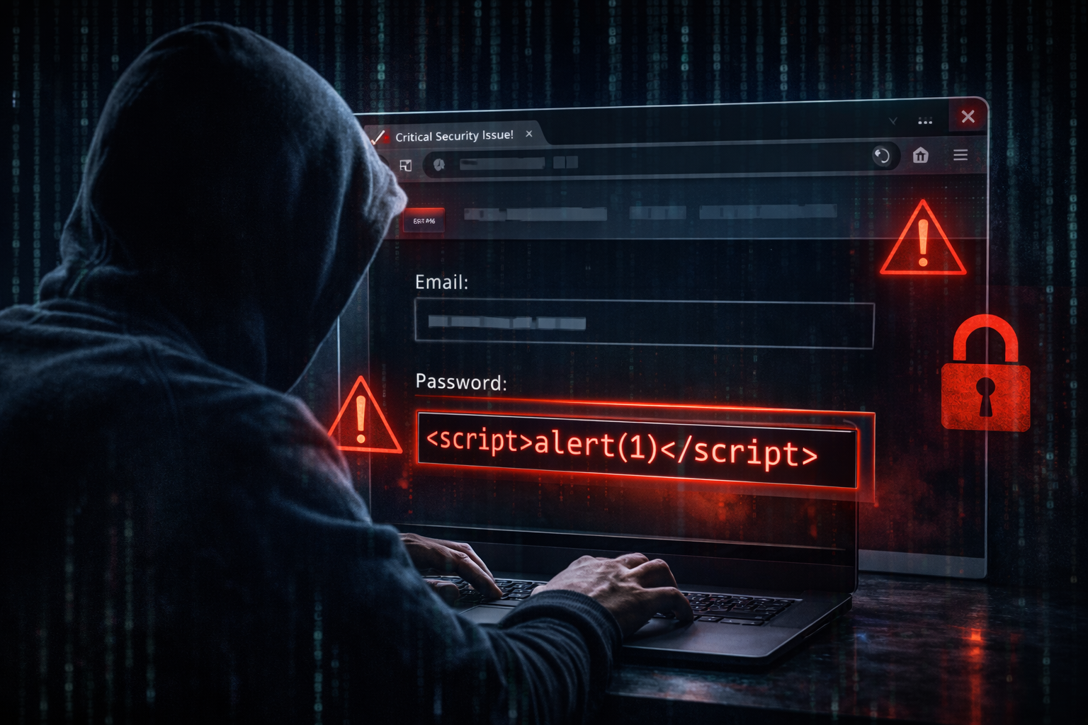 XSS attack user ke browser me malicious JavaScript execute karta hua illustration